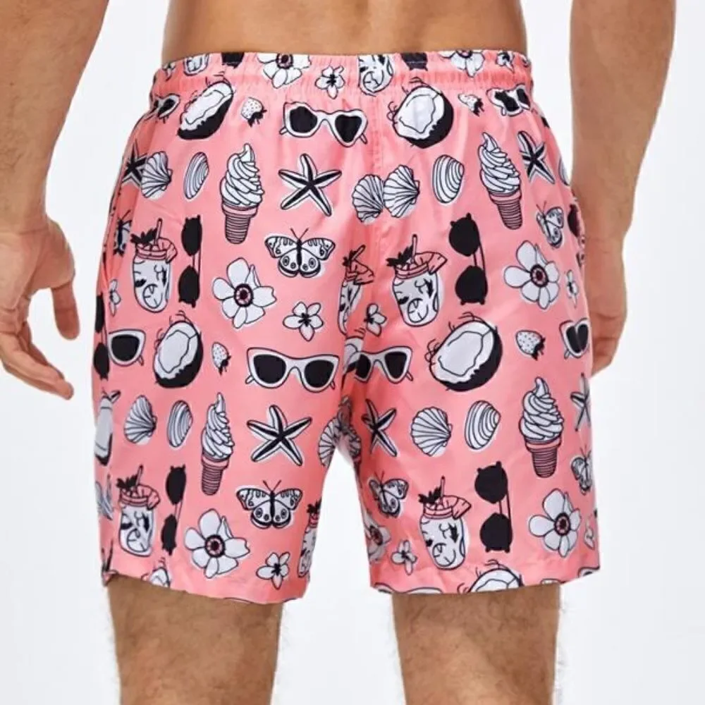 NEW! Men's Random Graphic Print Drawstring Waist Swim Trunks Shorts Beach Surf L